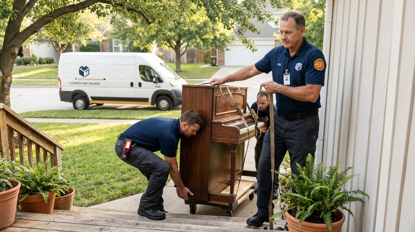 Licensed piano movers securing grand piano in Wilton, CT