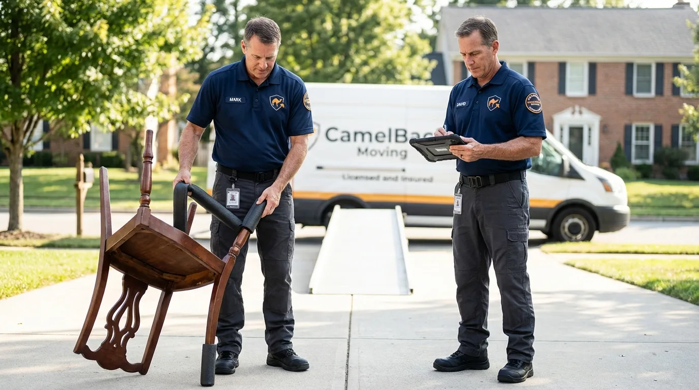 Movers inspecting furniture for damage prevention before loading in Wilton, CT