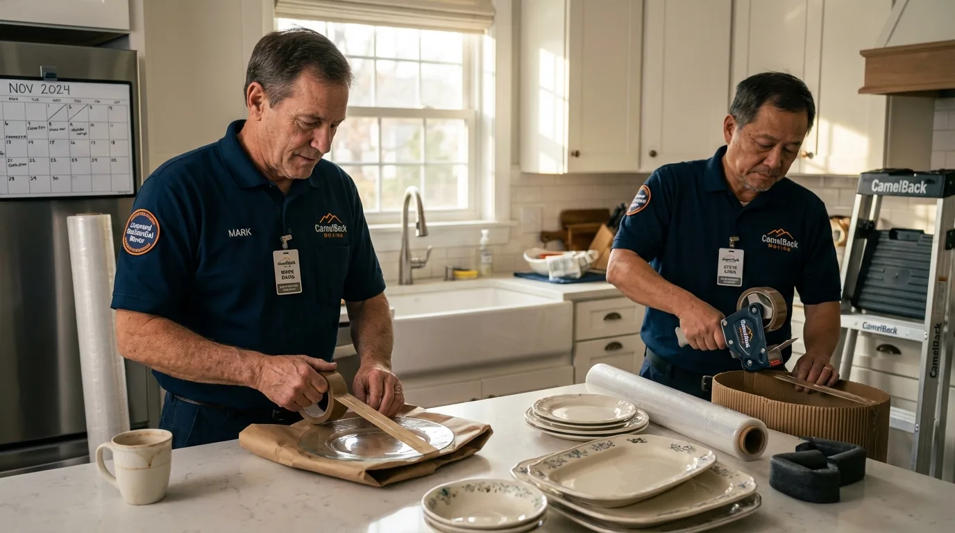 Professional crew packing kitchen dishware in Wilton, CT